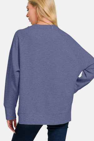 Zenana Scuba Round Neck Side Slit Sweatshirt Blue Indigo