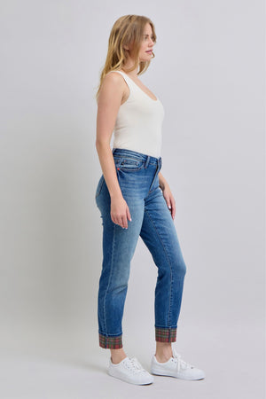 Judy Blue Mid Rise Plaid Print Cuff Boyfriend Jeans