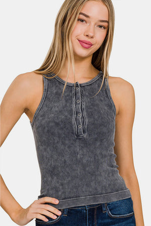 Zenana Washed Ribbed Half Snap Seamless Tank Ash Black