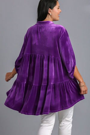 Button Down Tiered Back High Low Velvet Shirt Violet