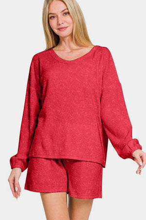 Zenana V-Neck Long Sleeve Ribbed Top and Shorts Set Deep Red