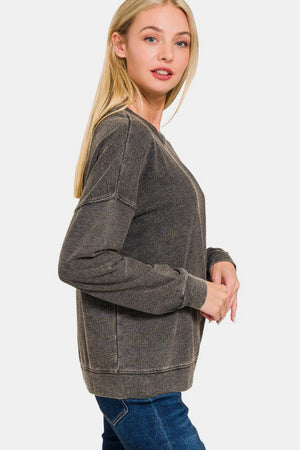 Zenana Washed Round Neck Dropped Shoulder Sweatshirt Black