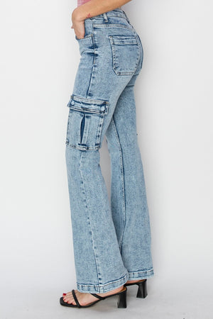 RISEN High Rise Cargo Flare Acid Wash Jeans