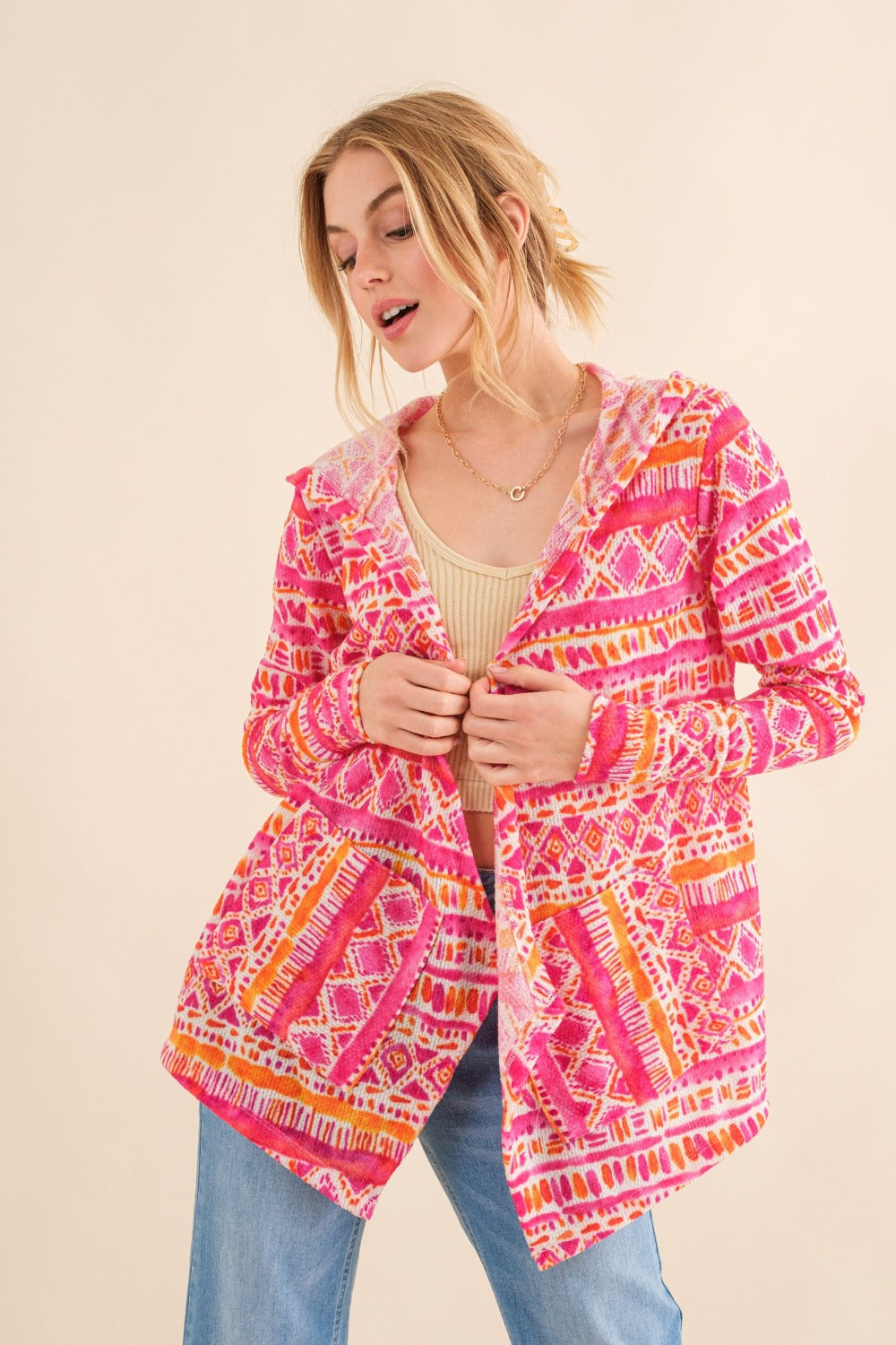 Printed Thermal Hooded Open Front Cardigan in Coral