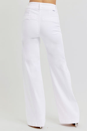 RISEN High Waist Tummy Control Double Button Wide Leg Trouser Jeans White