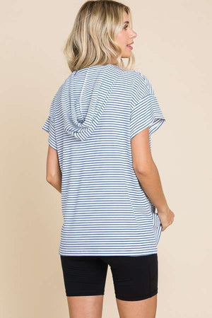 Blue Striped Short Sleeve Hooded Top