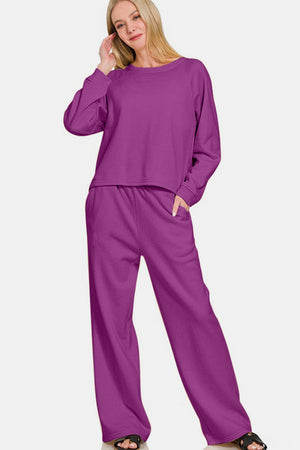 Zenana Round Neck Raglan Sleeve Top and Elastic Waist Pants Set Deep Purple