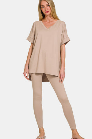 Zenana Buttery Soft V-Neck Rolled Short Sleeve T-Shirt and Leggings Lounge Set Lt Mocha