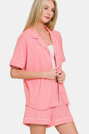 Zenana Button Down Short Sleeve Top and Shorts Lounge Set Pink