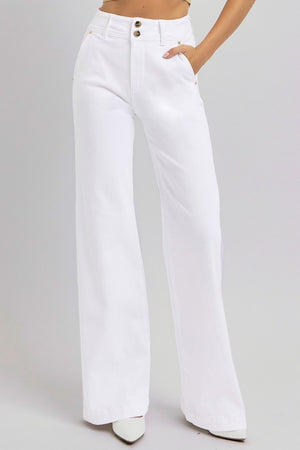 RISEN High Waist Tummy Control Double Button Wide Leg Trouser Jeans White