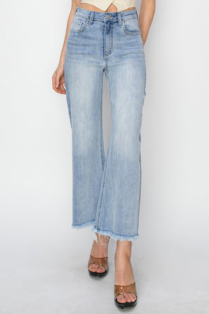 RISEN High Waist Crop Wide Leg Fray Hem Light Wash Jeans