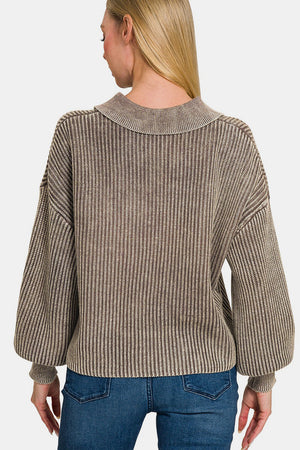 Zenana Washed Half Button Long Sleeve Sweater Mocha