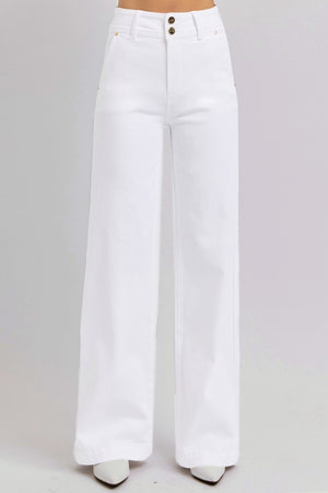 RISEN High Waist Tummy Control Double Button Wide Leg Trouser Jeans White