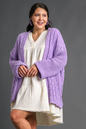 Cable Knit Open Front Long Sleeve Cardigan Lilac