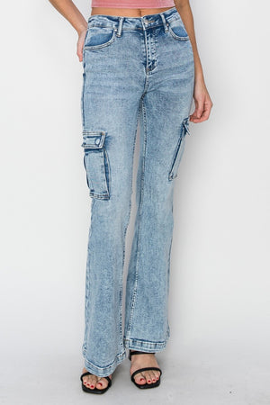 RISEN High Rise Cargo Flare Acid Wash Jeans