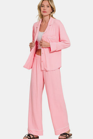 Zenana Button Down Long Sleeve Top and Pants Lounge Set Pink