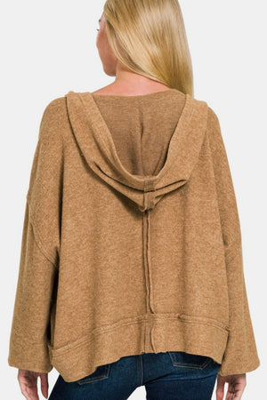 Zenana Brushed Hacci Exposed Seam Hoodie Camel