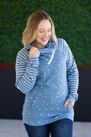 Zoey ZipCowl Sweatshirt - Teal Dots and Stripes by Michelle Mae