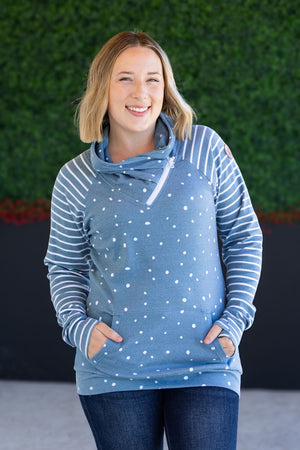 Zoey ZipCowl Sweatshirt - Teal Dots and Stripes by Michelle Mae