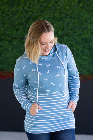Hailey Pullover Hoodie - Teal Ribbons and Stripes by Michelle Mae
