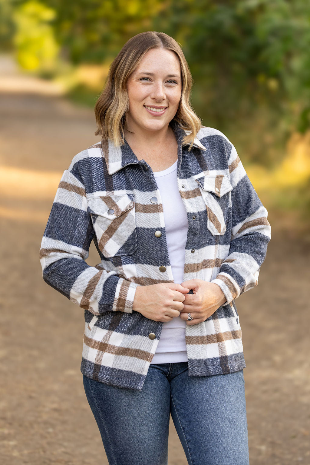 Norah Plaid Shacket - Navy and Tan by Michelle Mae