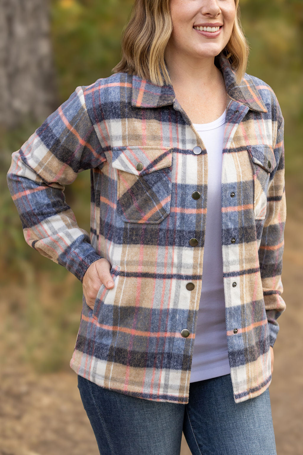 Norah Plaid Shacket - Tan and Blue by Michelle Mae