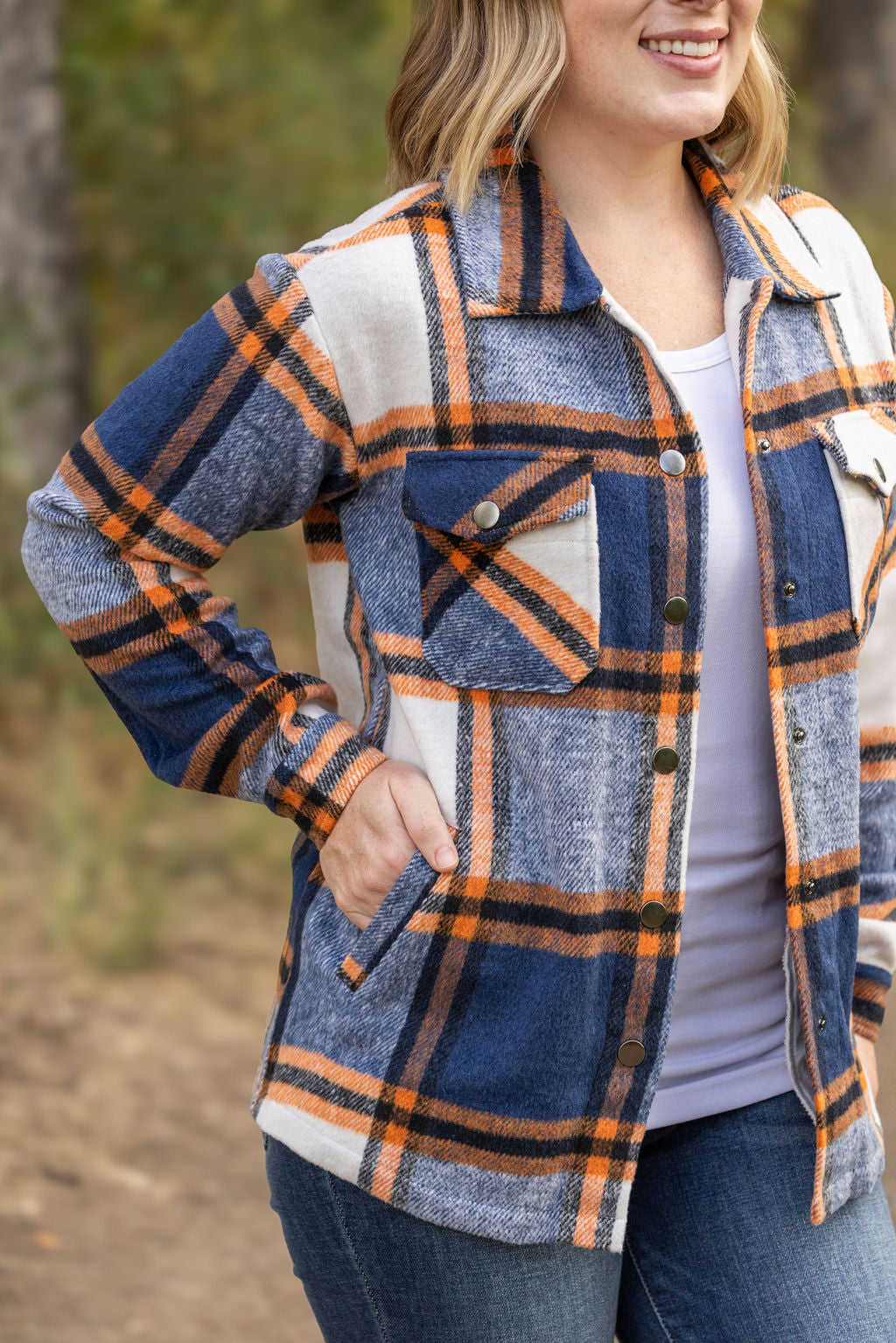 Norah Plaid Shacket - Navy and Orange by Michelle Mae