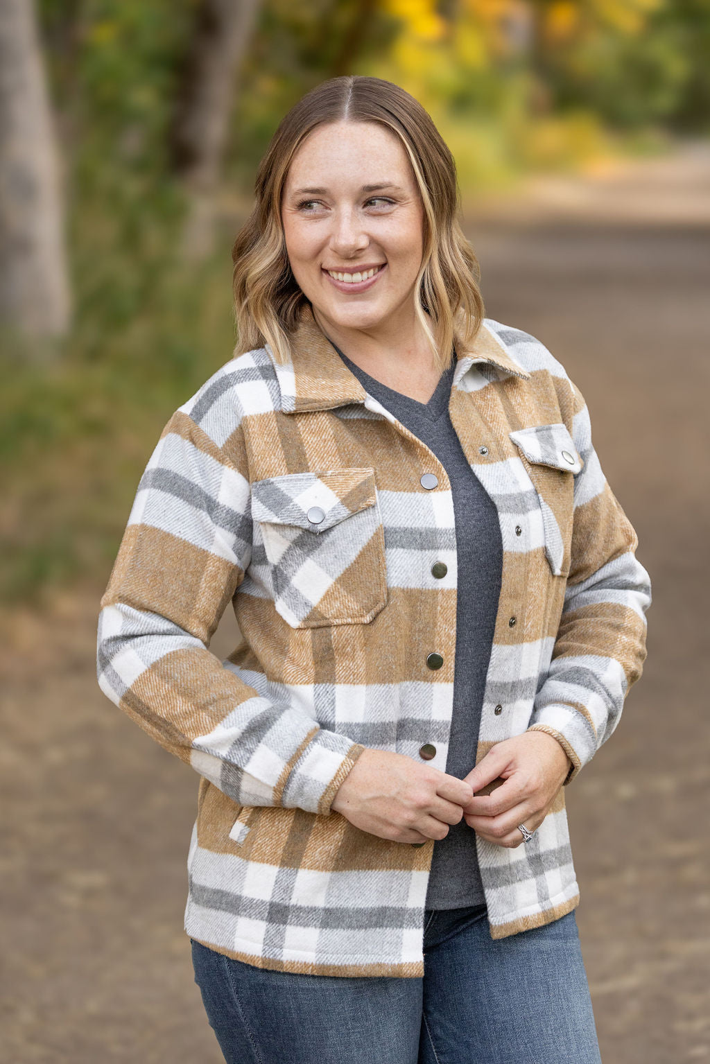 Norah Plaid Shacket - Camel and Grey by Michelle Mae