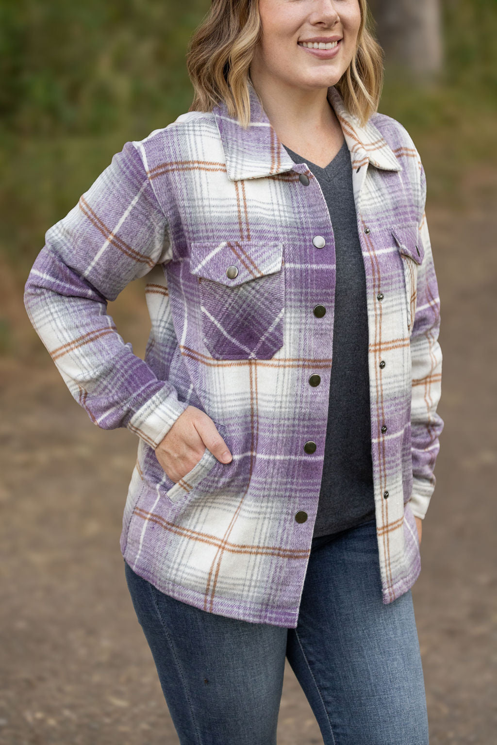 Norah Plaid Shacket - Purple and Gold by Michelle Mae