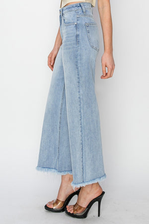 RISEN High Waist Crop Wide Leg Fray Hem Light Wash Jeans