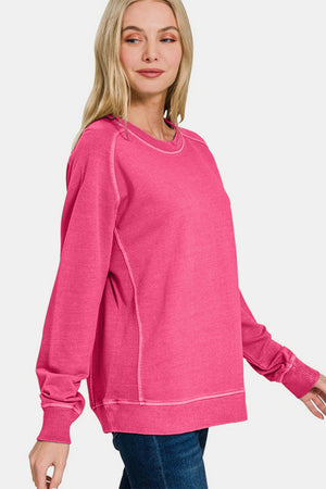 Zenana Pigment Dyed French Terry Sweatshirt Hot Pink