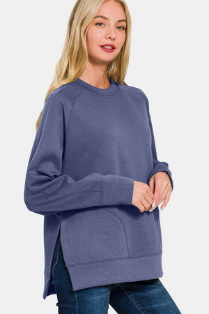 Zenana Scuba Round Neck Side Slit Sweatshirt Blue Indigo