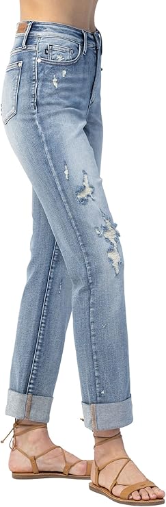 Judy Blue High Waist Double Cuff Fray Hem Distressed Boyfriend Jeans