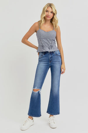 RISEN High Rise Distressed Knee Crop Flare Jeans