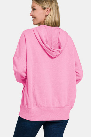 Zenana Half Snap Long Sleeve Hoodie with Kangaroo Pocket Fuschia Pink