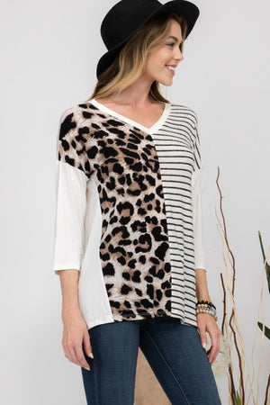 Ivory Leopard and Striped Print V-Neck T-Shirt