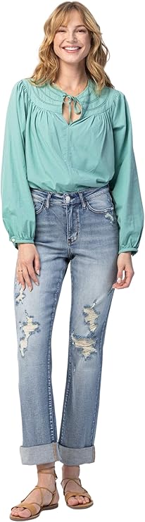 Judy Blue High Waist Double Cuff Fray Hem Distressed Boyfriend Jeans