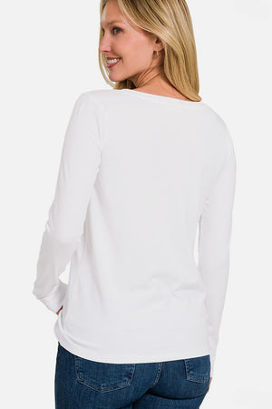 Zenana Relaxed Fit V-Neck Long Sleeve Cotton T-Shirt White