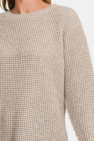 Zenana High Low Long Sleeve Waffle Knit Sweater Mocha