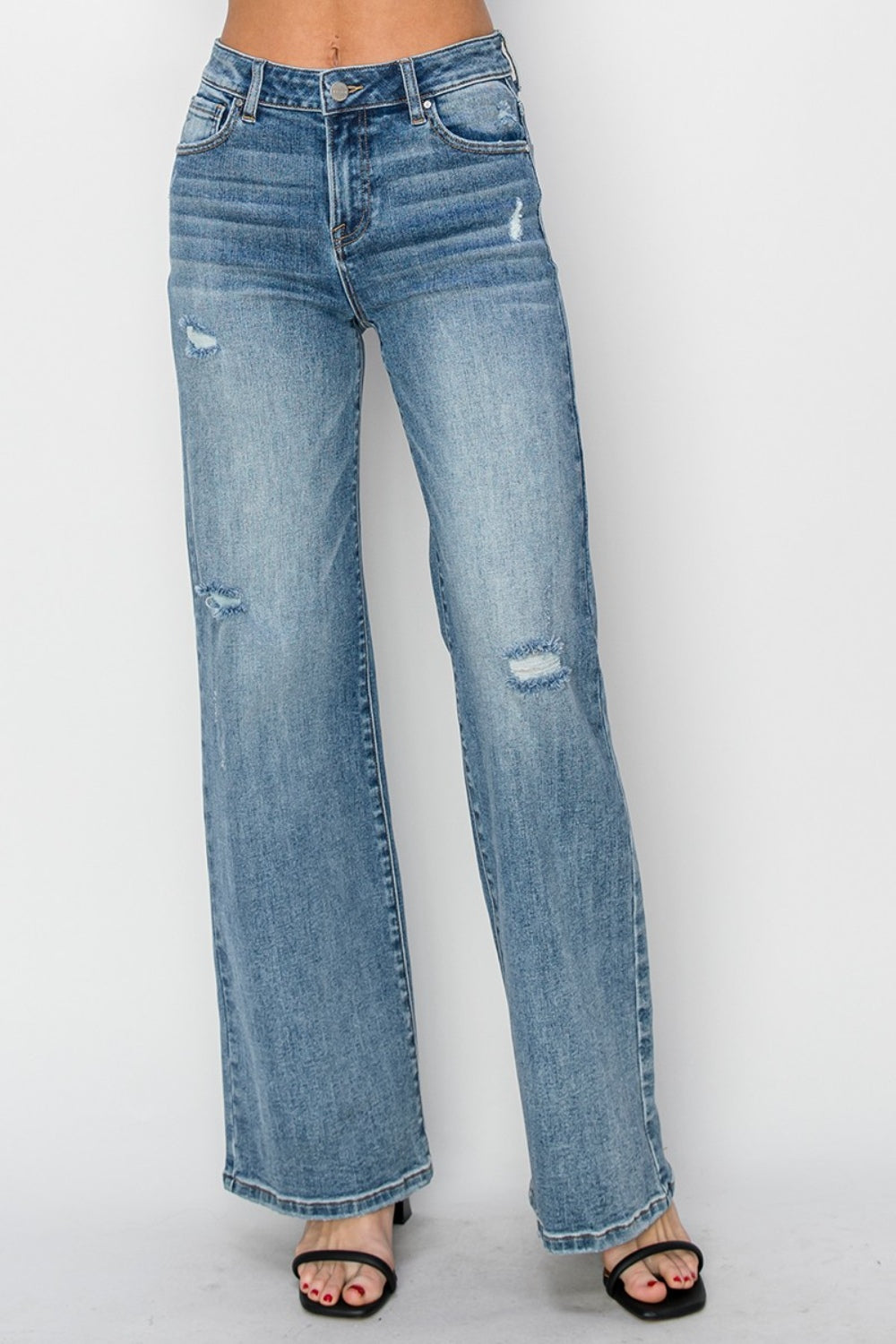 RISEN High Waist Vintage Wash Distressed Wide Leg Jeans