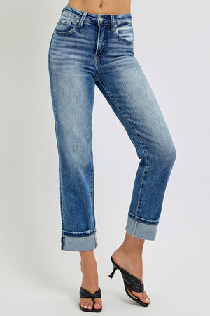 RISEN High Rise Vintage Wash Crop Straight Leg Cuffed Jeans