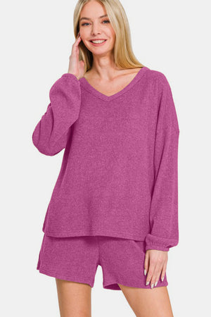 Zenana V-Neck Long Sleeve Ribbed Top and Shorts Set Violet