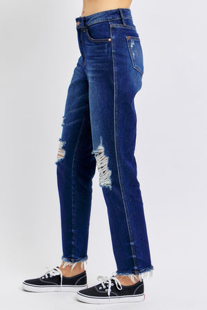 Judy Blue High Waist Rigid Magic Heavy Distressed Dark Wash Straight Leg Jeans