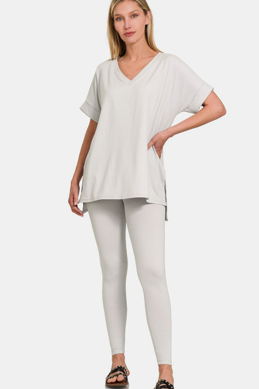 Zenana Buttery Soft V-Neck Rolled Short Sleeve T-Shirt and Leggings Lounge Set Cement