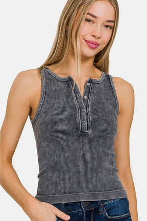 Zenana Washed Ribbed Half Snap Seamless Tank Ash Black