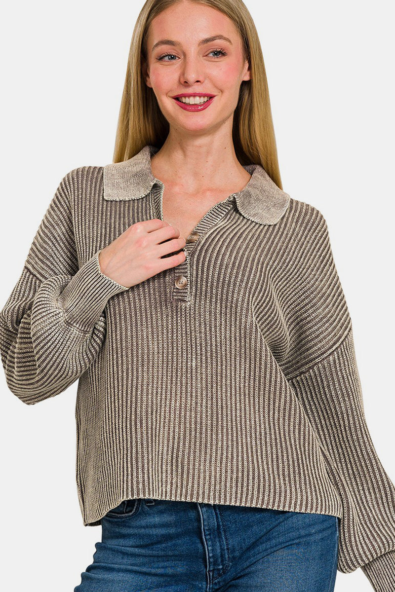 Zenana Washed Half Button Long Sleeve Sweater Mocha