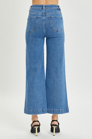 RISEN High Rise Wide Leg Front Seam Trouser Flare Cropped Jeans