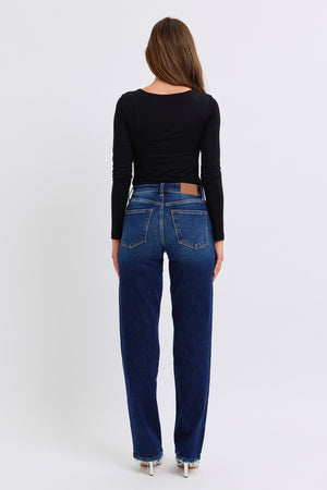 Judy Blue Mid Rise Straight Leg Fray Hem Jeans