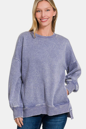 Zenana High Low Acid Wash Fleece Sweatshirt Purple