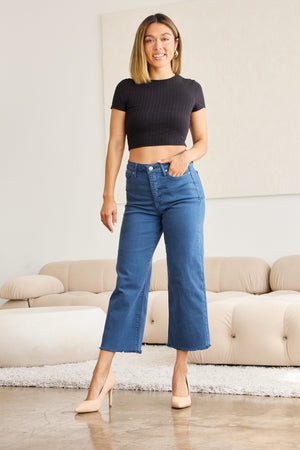 RFM Tummy Control High Waist Raw Hem Wide Leg Crop Jeans in Blue Slate